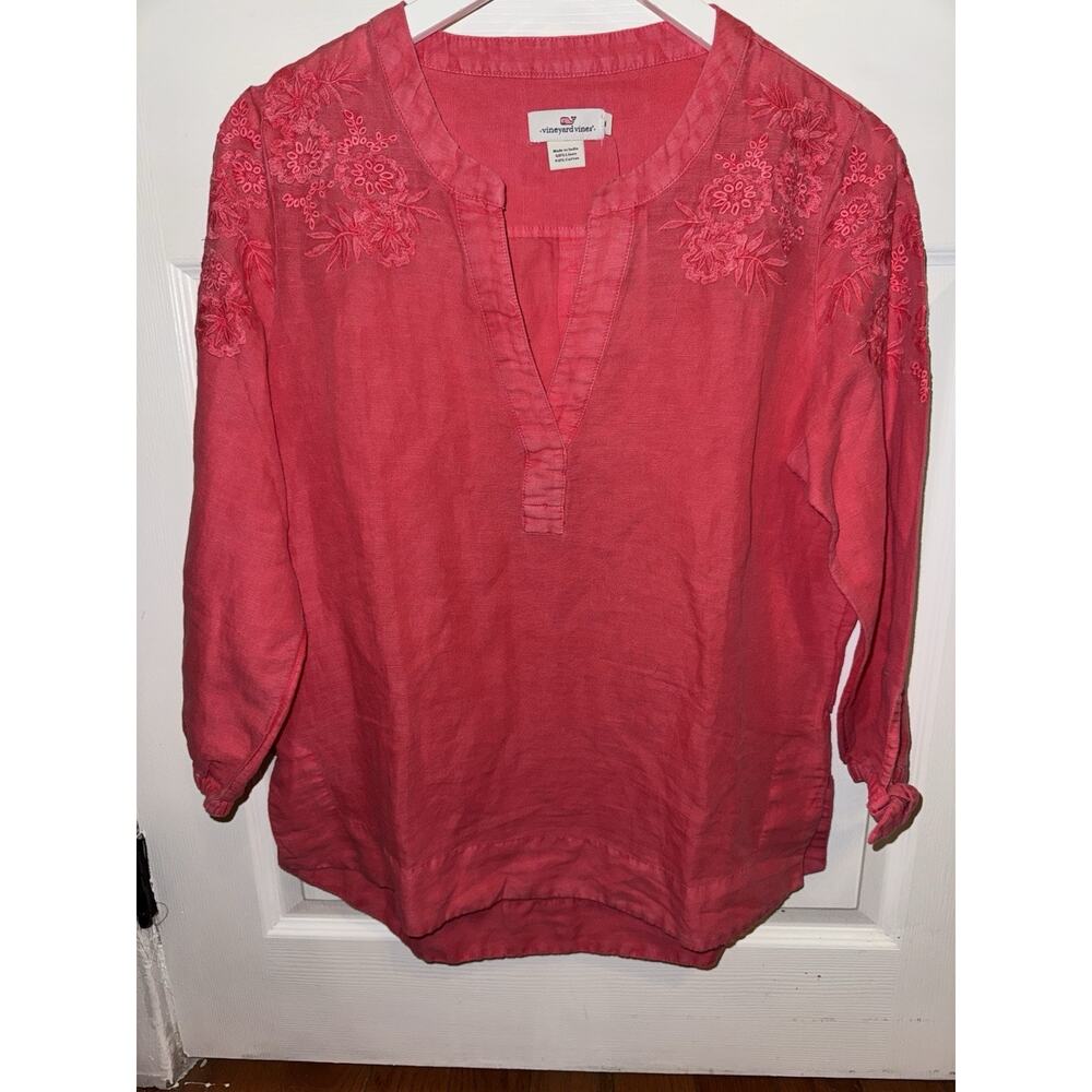 NEW Vineyard Vines Women’s‎ Linen Chambray 3/4 Sleeve Top Woven Pink size M